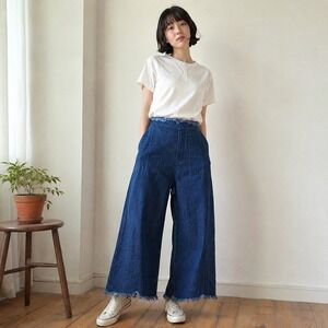 Lowrys Farm Womens Jeans Large‎ Blue Fringed Hem Wide Leg High Rise Boho
